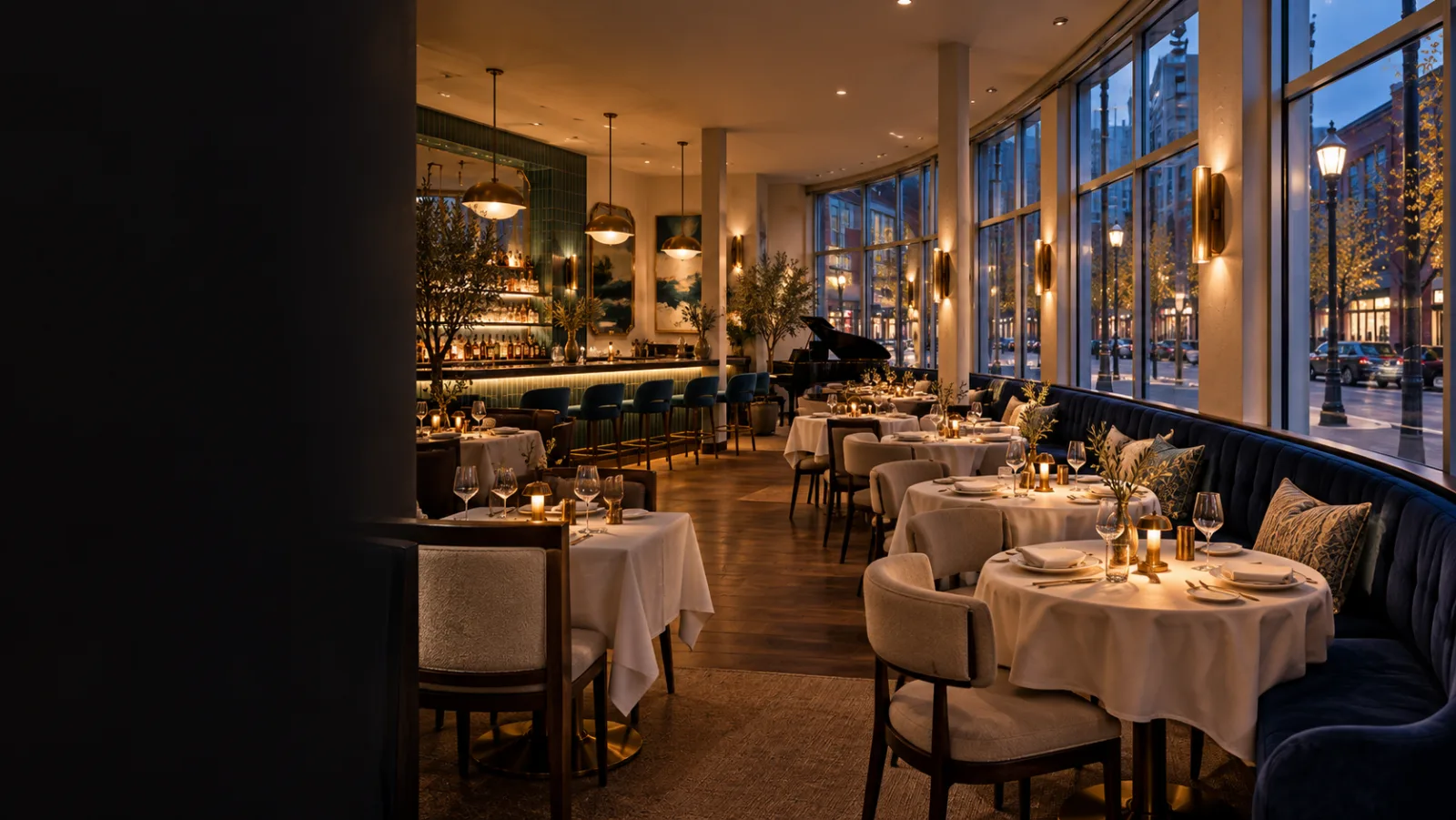 Illustrative concept: the salon dining room with navy velvet, white tablecloths and a grand piano