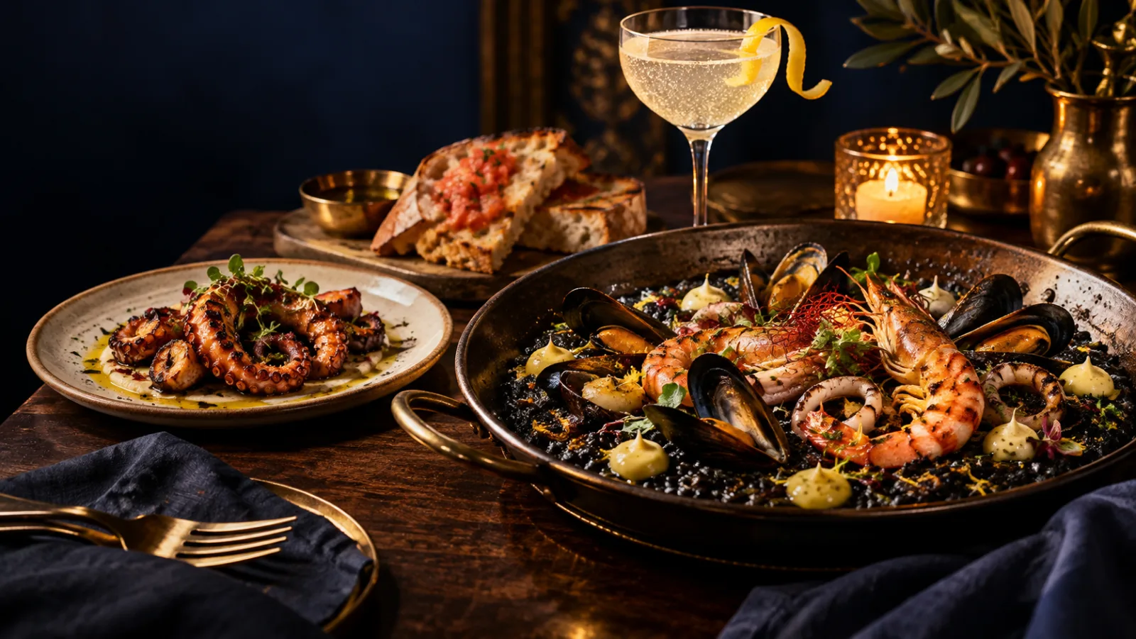 Illustrative concept: paella negra and grilled octopus plated for the table