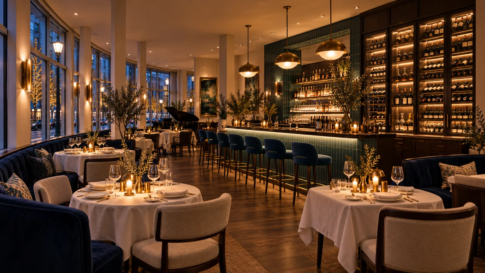 Illustrative concept: glass-front wine wall with teal tile, warm brass and navy bar stools